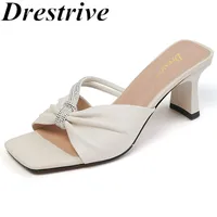 Drestrive Full Genuine Leather Square Toe 2021 Summer Women Sandals Crystal Pleated Thick High Heel Shoes Fashion Slippers