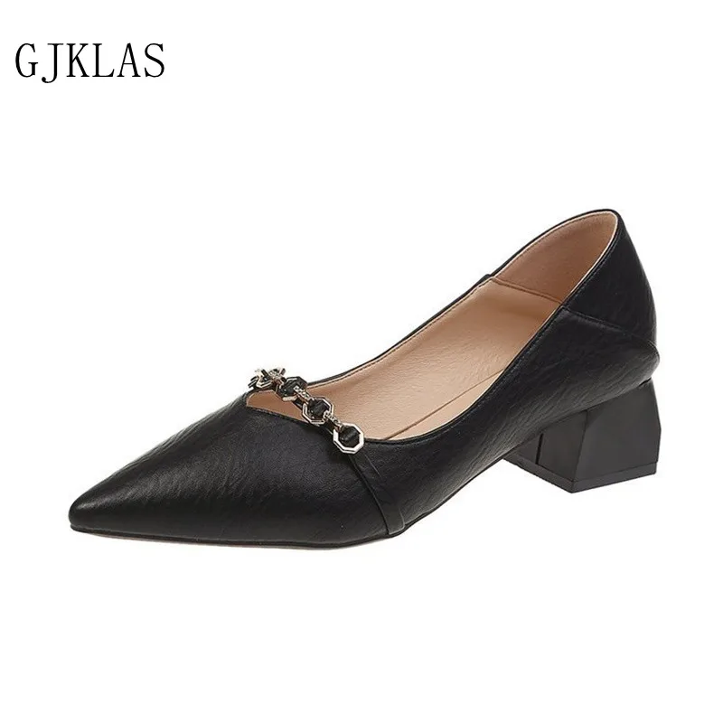 

Pointed Toe Chunky Heels Wedding Dress Pump Women Shoes Block Heels New Women's Party Shoes Women Office Leather Loafer Woman