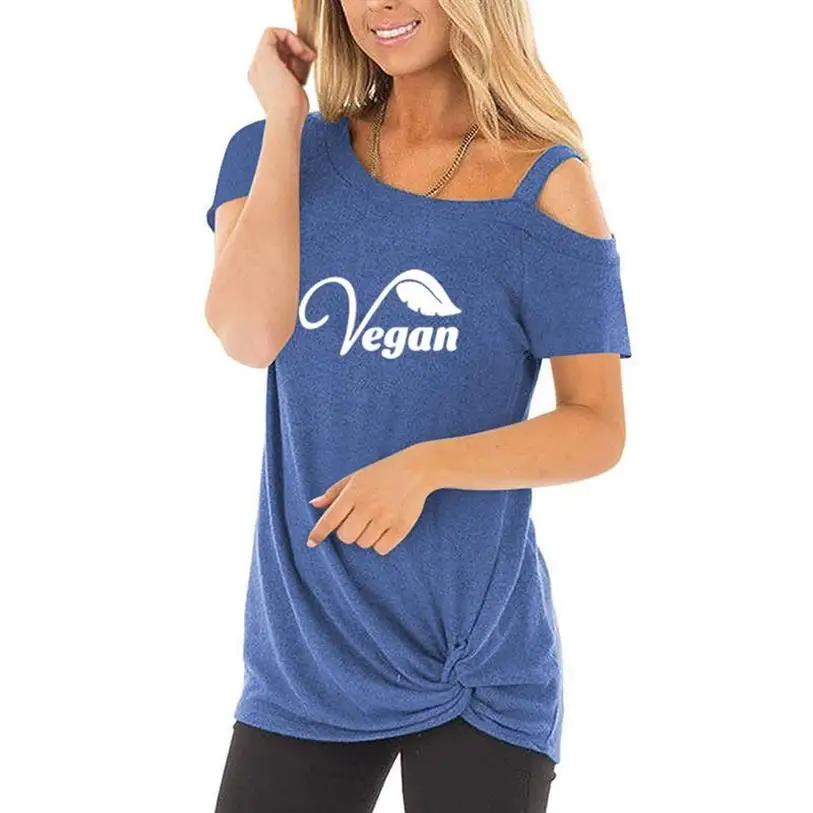 

New Fashion T-Shirt For Women Vegans Letters Printing Skew Collar Leisure T-Shirt Top Tops 2021 Harajuku Women Short Sleeve
