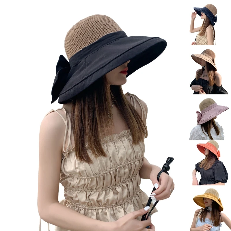 

Women Summer Foldable Travel Beach Sun Visor Hat Wide Brim Sunscreen Breathable Mesh Top Sweet Bowknot Bucket with Chin