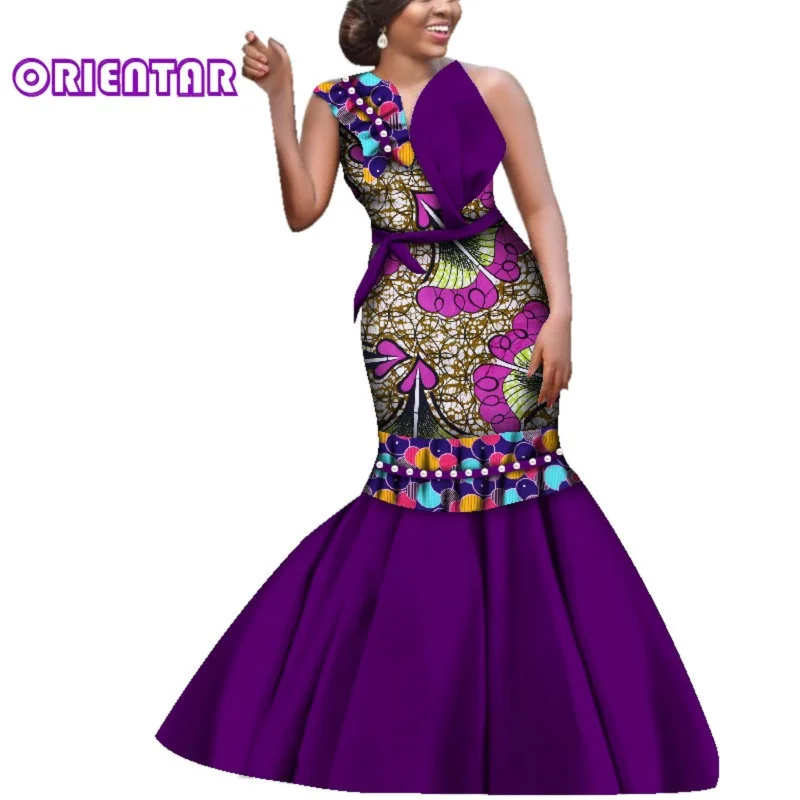 New 2019 African Dresses for Women African Wax Print One-Shoulder Party Mermaid Dress Elegant Lady African Maxi Ball Gown WY3969