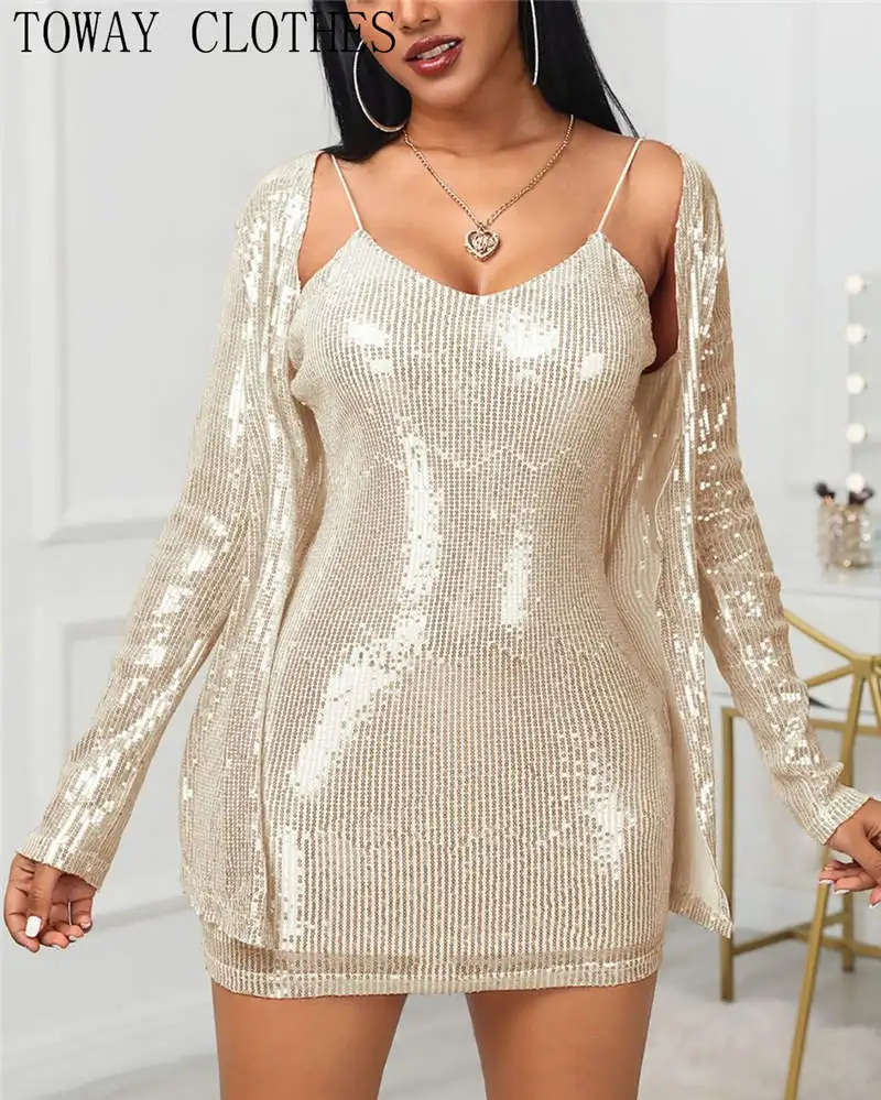 Женский комплект с блестками платье-комбинация v-образным вырезом мини-платье