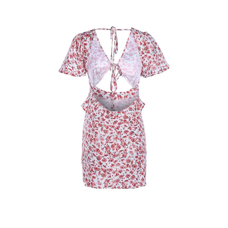 

Vestido Femme Floral Print Fashion Bow Wrap Mini Dress 2021 Summer Holiday Sundress Bodycon Dresses Short Sleeve Backless Dress