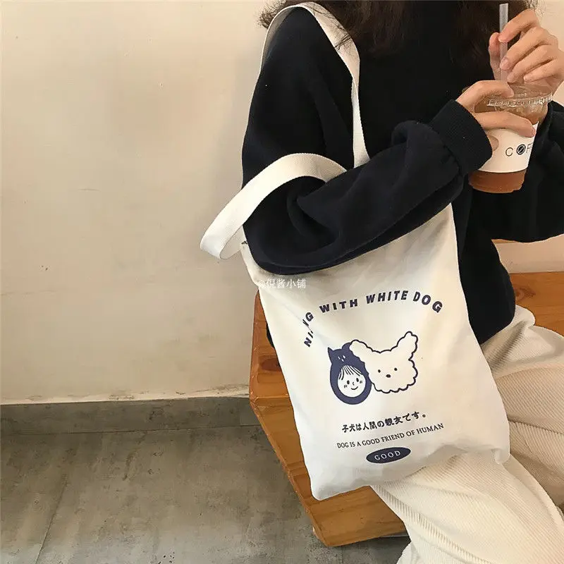 

Large Capacity Shoulder Bags Simple Women Canvas Handbags Female Girls Student Cute Dog Book Casual Tote Cartoon Shopping Bag