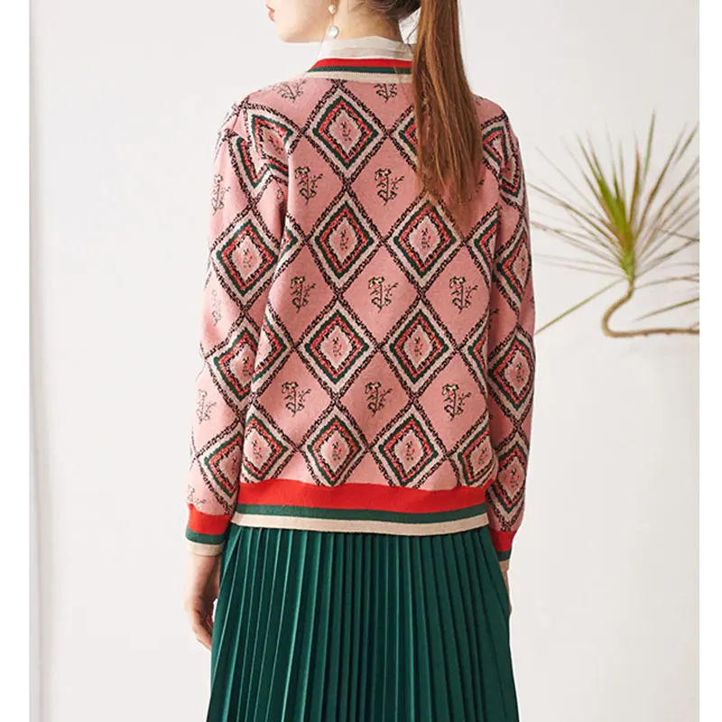 Женский жаккардовый кардиган в стиле ретро с ромбами вязаное пальто-свитер