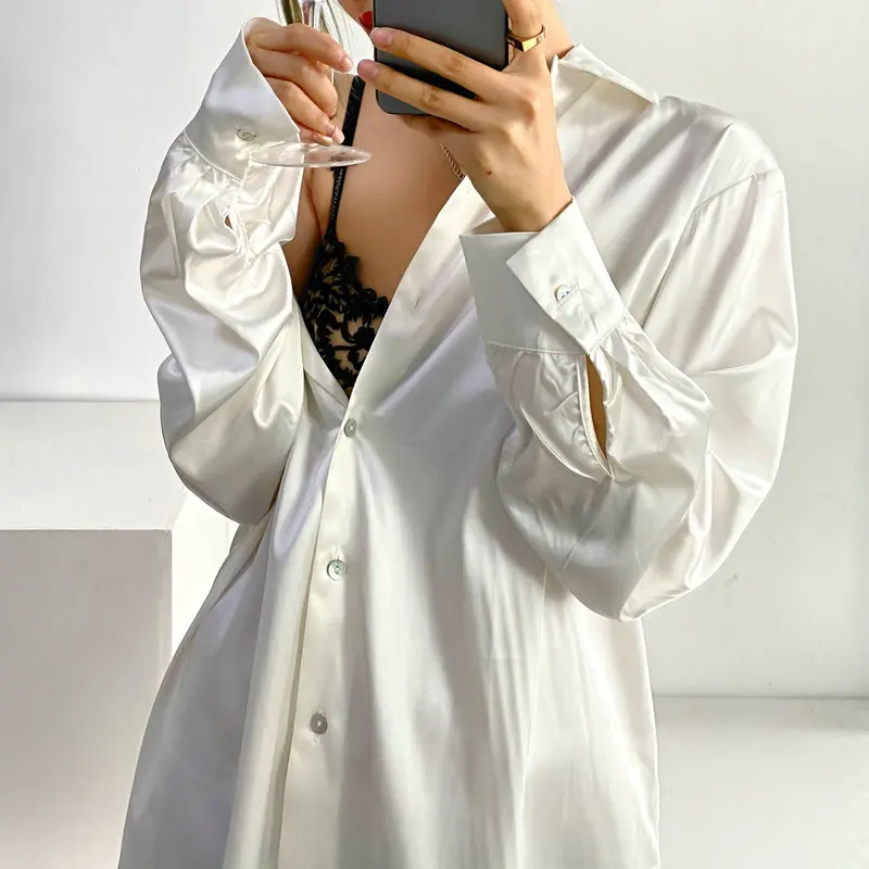 

Spring Summer Women Beige Sation Cozy Shirt Boyfriend Style Sloping Shoulder Long Sleeve Turn Down Collar Single-Breasted Top