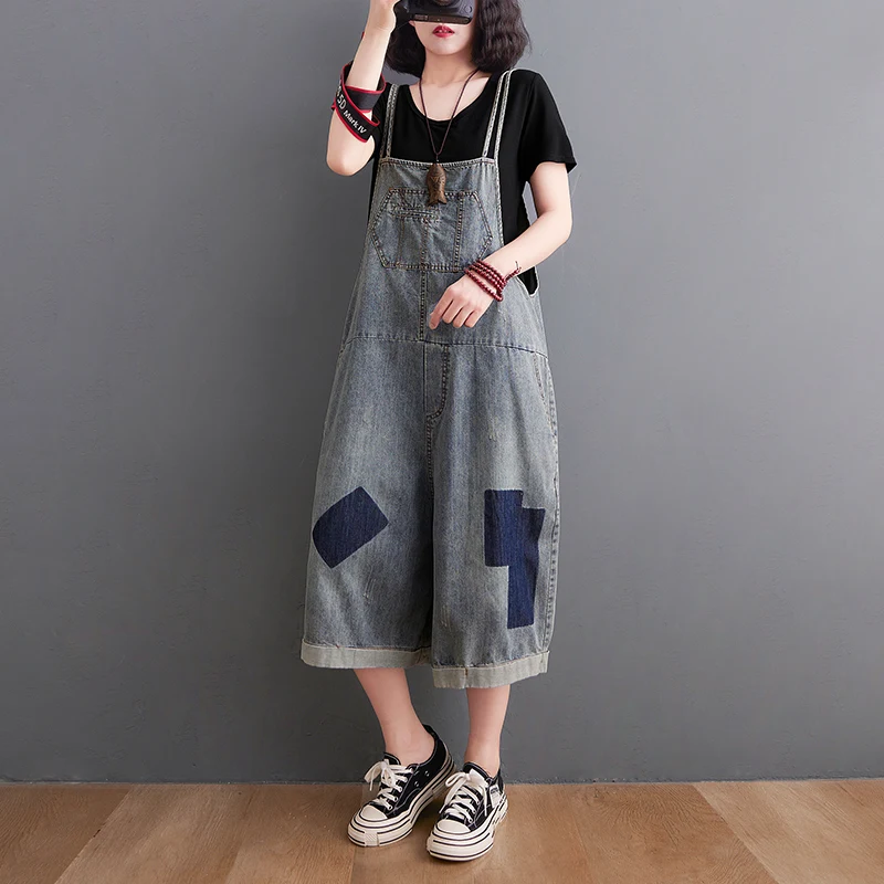 

6517 Denim Jumpsuit Women Oversize Elegant Patchwork Bleached Vintage Simple Light Blue Casual Rompers Loose Wide Leg Overall