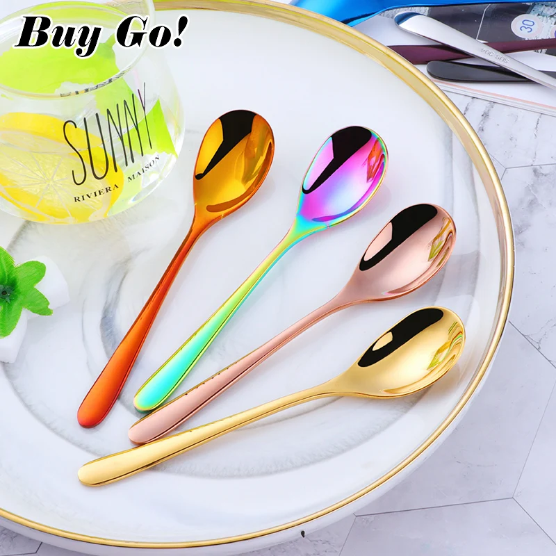 

Short Handle Stainless Steel Ice Spoon Colorful Kitchen Cold Drink Fruit Mixing Spoons Coffee Ice Cream Small Dessert Scoop 1PC