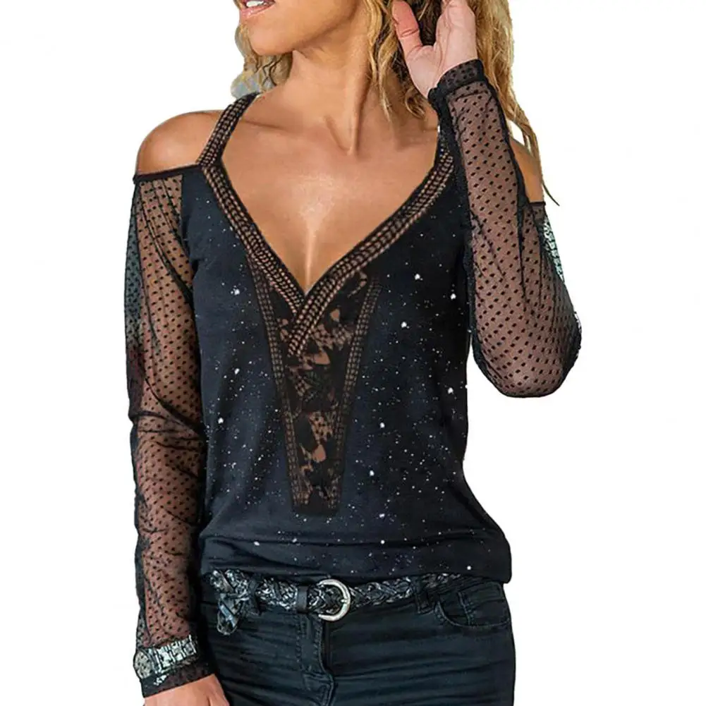 

Sexy Women Black Lace T-shirt Drawstring See-through Softness Mesh Long Sleeves Tee Top for Femme