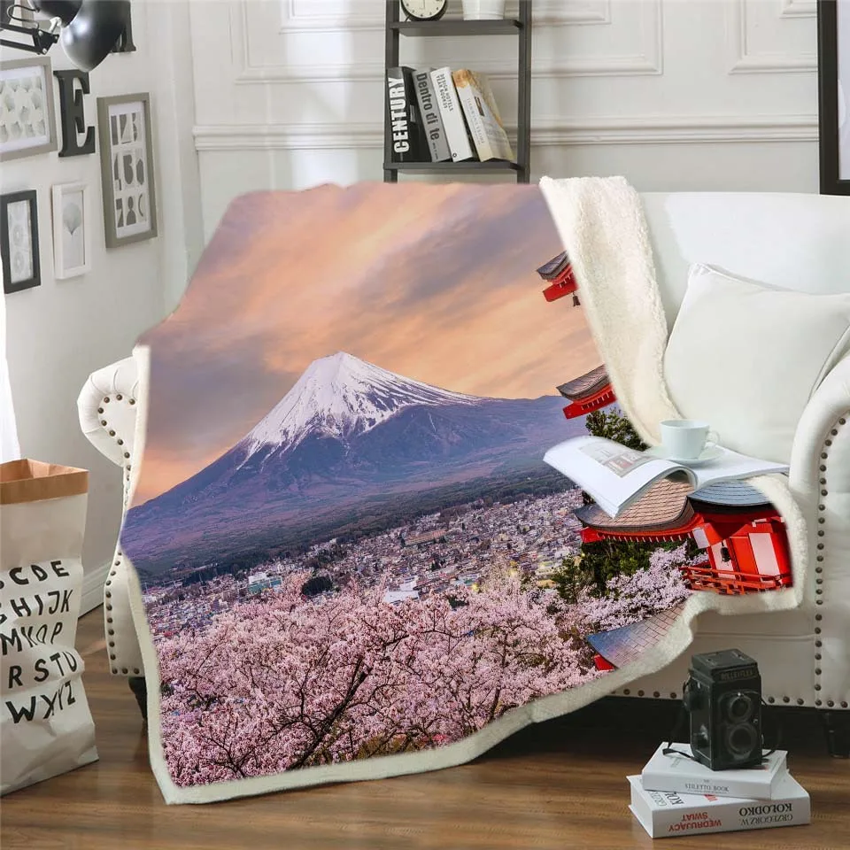 

3D Japanese Cherry Blossoms Sherpa Blanket Two Layer Thicken Fleece Blanket Fluffy Throw Blanket Bedspreads for Bed Decorative