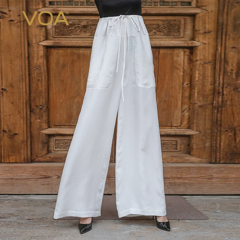 VOA 2020 Летние Новые поступления белые шелковые широкие брюки со шнуровкой женские