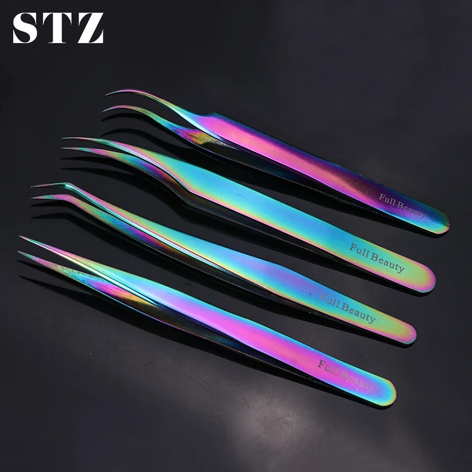 Пинцет для наращивания ресниц STZ Rainbow изогнутый Прямой пинцет объемных