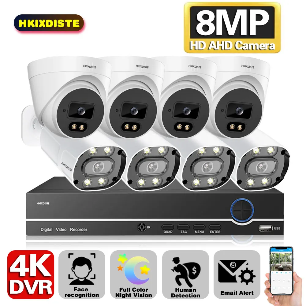 

HKIXDISTE 4K Ultra HD Colorfull Video Surveillance System 8CH 8MP H.265+ DVR With 8MP Outdoor Weatherproof Security CCTV Cameras