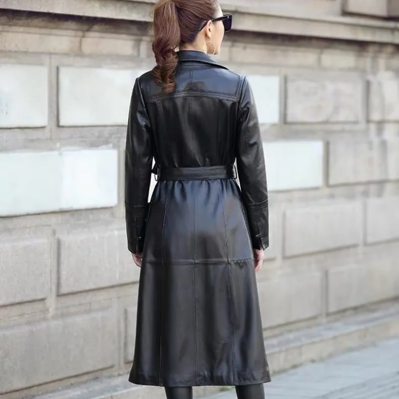 

Office Ladies Designer Sashes Long Trench Coat Women Sheepskin Genuine Leather Jacket Belted Slim Fit Windbreaker Outwear Jacket