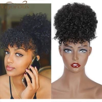 vigorous afro puff drawstring ponytail bun with bangs short kinkys curly synthetic pony tail clip in hair extensions for women