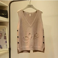 new fall women soild button hollow out thin knitted tank tops female girls v neck knit sleeveless sweater tanks khaki sweaters
