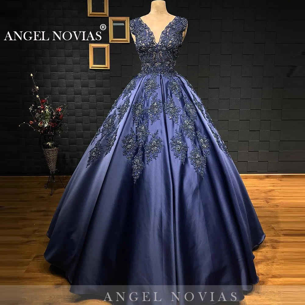 

Long Ball Gown Navy Blue Evening Dresses 2020 with Appliques Beads Formal Sheer Neck Vestidos De Fiesta De Noche