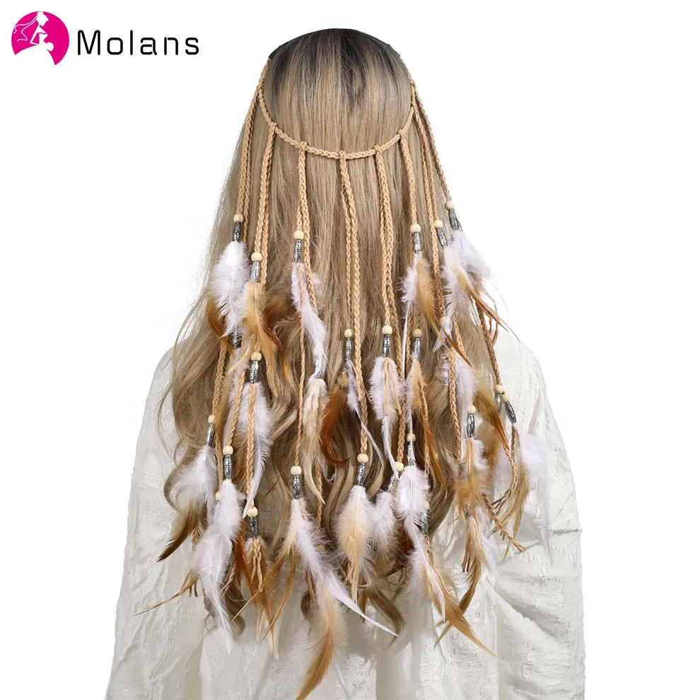 Molans Fashion Bohemian Feather Headband Scrunchies Elastic Hair Band Women Girl Weaving Hair Accessories Indian Tassel Headwear