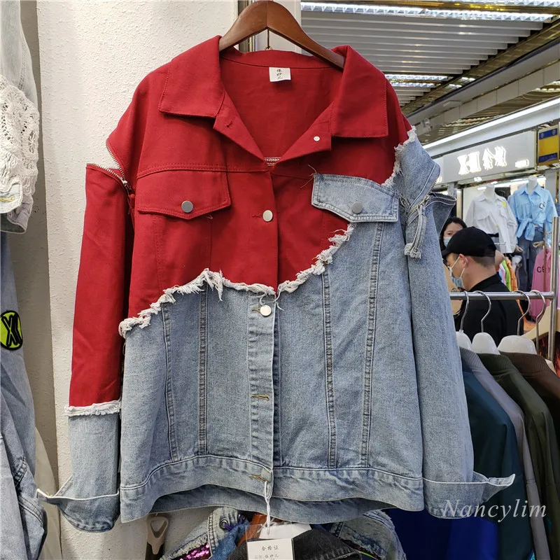 

Zipper Shoulder Red Patch Blue Denim Jacket Wome 2021 Spring New Loose Denim Ripped Jeans Coat Boyfriend Top Chaquetas