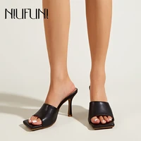 stiletto slippers female outdoor square toe simple slip on slides high heels women shoes summer open toe black white solid color