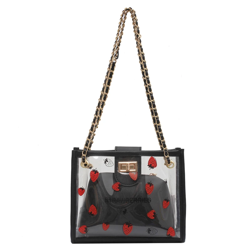

2pcs/Set Strawberry Printing Women's Shoulder Bag New Fashion Transparent Jelly Chains Crossbody Bag 2021 Ladies Handbags Purses