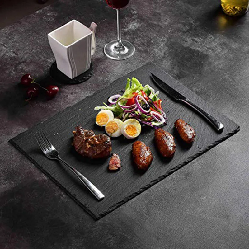 

Slate Stone Coasters Rectangle Black Natural Edge Stone Placemat Drink Coaster Pad Serving Plate For Home Bar Kitchen fj