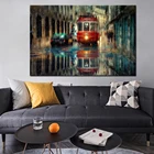 Современные художественные декорации, городская улица под дождем, красный автобус, Картина на холсте, плакаты и принты, Настенная картина для декора гостиной