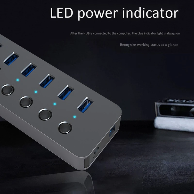 

10-Port USB3.0 High-Speed Transmission Splitter Hub with Power Switch Control Extension(EU Plug)