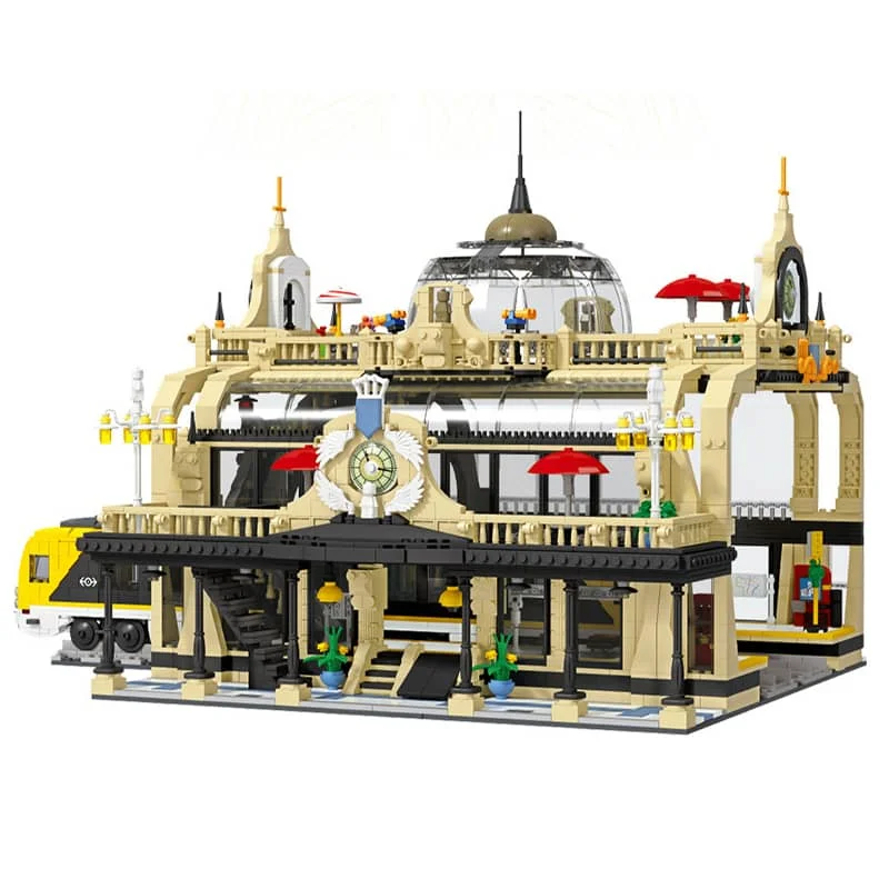 

Железнодорожная станция в европейском стиле, Модель студента, строительные блоки с 8 экшн-фигурками, модульные блоки MOC Set