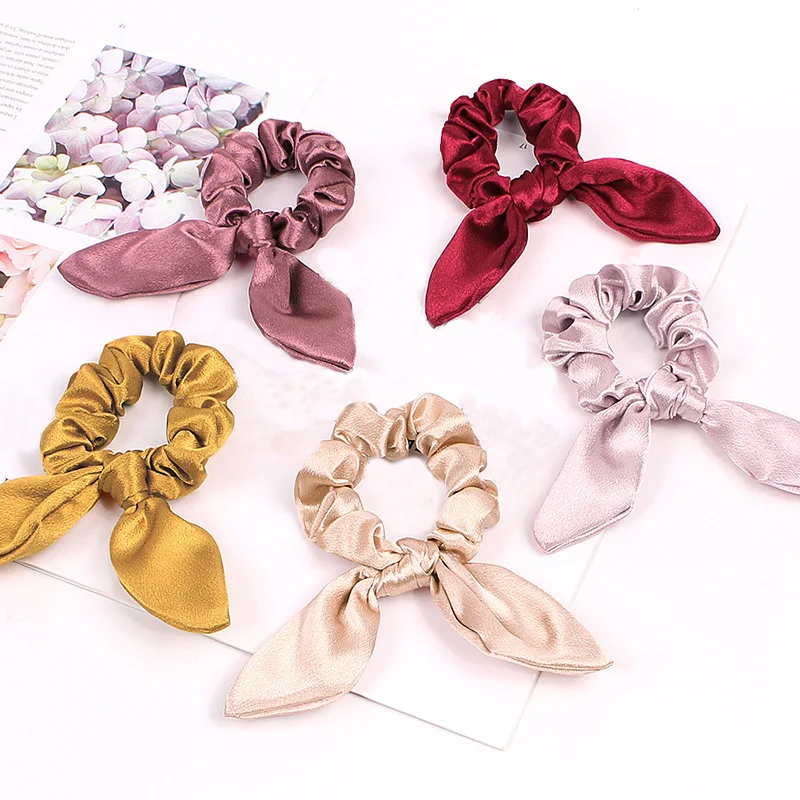 Блестящая атласная резинка для волос с кроличьими ушками девочек кролика бантом