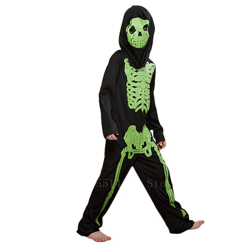 Детский страшный костюм для Хэллоуина с зеленым черепом и скелетом Карнавальный