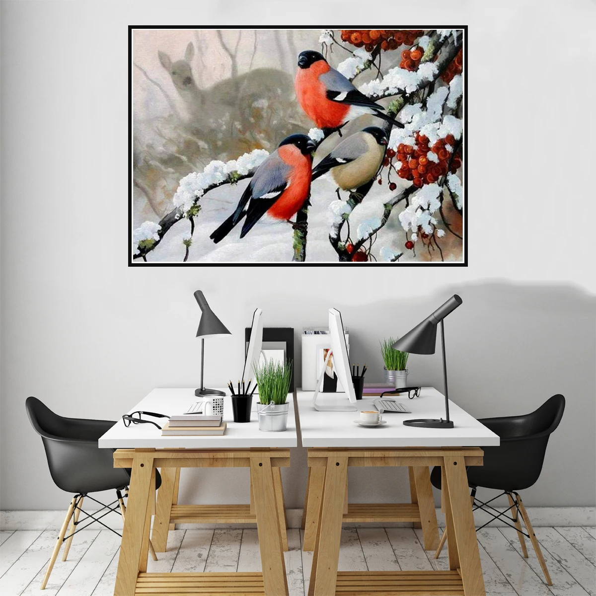 Картина на холсте с изображением зимних птиц и снега настенное художественное