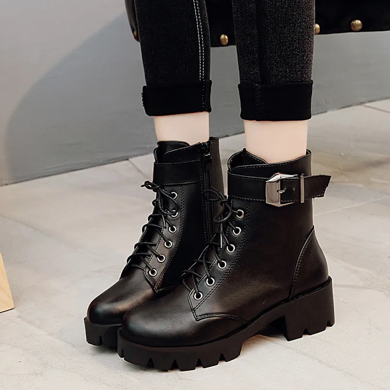 

2020 Fashion Leather Boots Woman shoes Winter Warm Lace-up Ankle Boots For Woman High Quality Waterproof Platform Boots