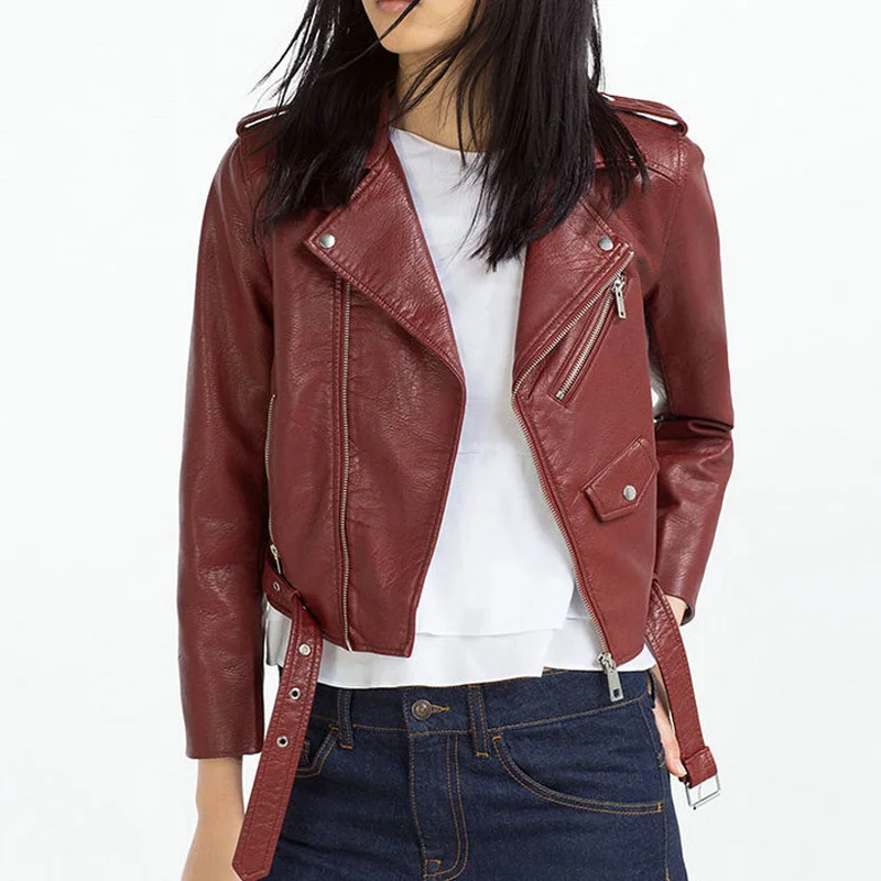 Женская мотоциклетная куртка из мягкой искусственной кожи на молнии|Кожаные