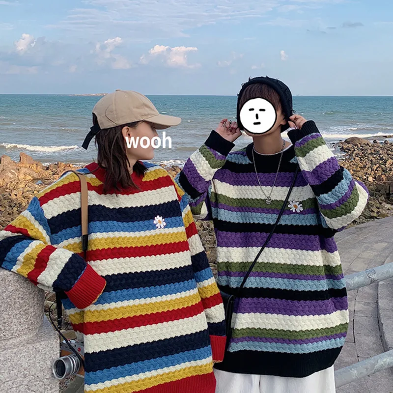 

ZAZOMDE Sweater Knitting Pullovers Retro Harajuku Rainbow Striped Daisy Casual Slouchy Couples Versatile O-Neck 2021 Spring