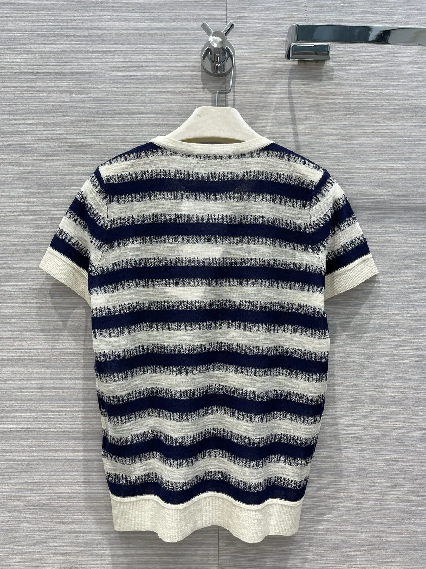

2021 new women fashion short-sleeved casual gradient color navy striped linen sweater 0621