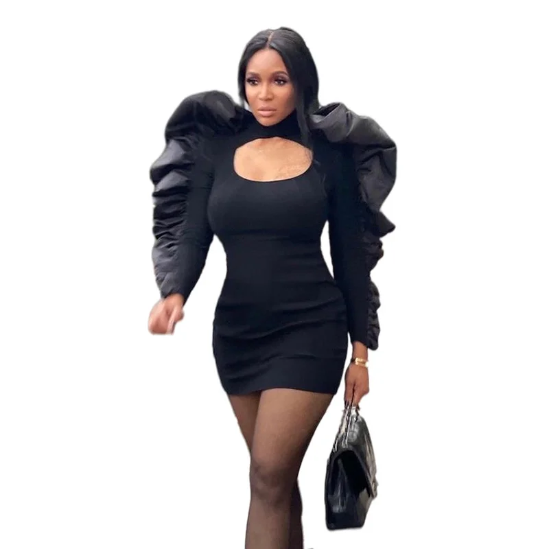 

Соблазнительные Черные Облегающие платья с каскадными оборками на рукавах, высоким воротником, новинка 2021, классическое облегающее платье ...