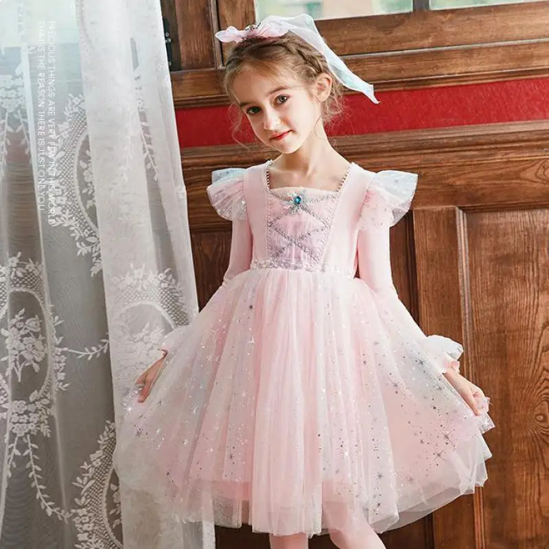 

Children Birthday Wedding Party Dress Girls Long Flare Sleeve Loose Mesh Hem Mid Length Gowns For Kids 3-12 Years Party Clothes
