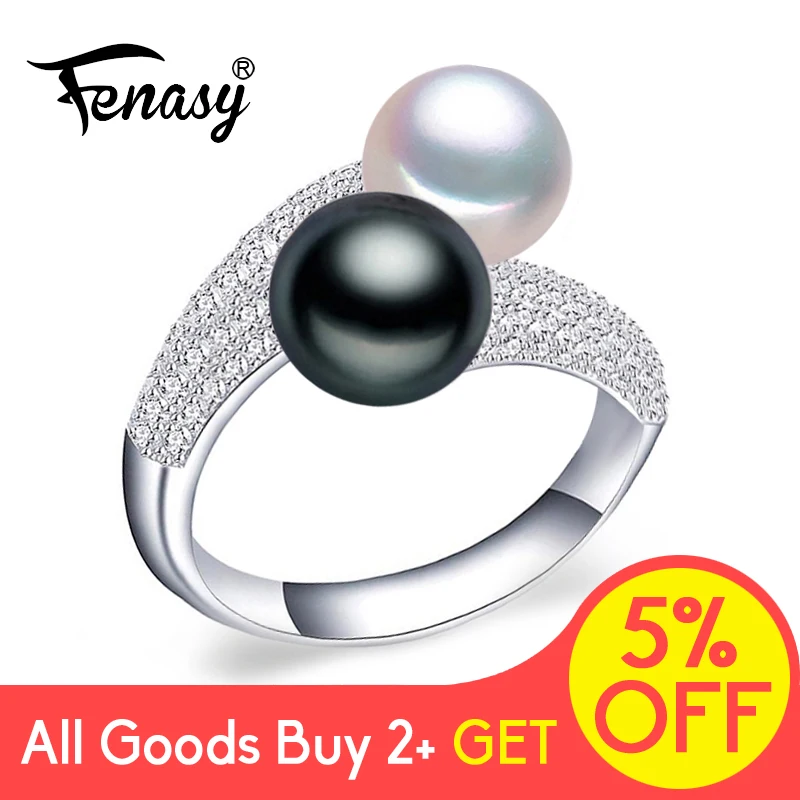 FENASY, 925 пробы, серебряные кольца с двойным жемчугом для женщин, любовь, роскошный кубический цирконий, обещающее регулируемое кольцо, ювелирные изделия с черным жемчугом