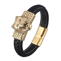 classic black braided leather bracelets bangles men stainless steel wolf head magnetic clasp punk male jewelry wristband pd0890