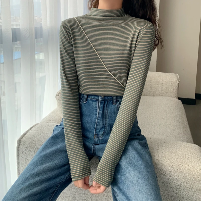 Женская бархатная футболка в полоску с длинным рукавом|Футболки| |