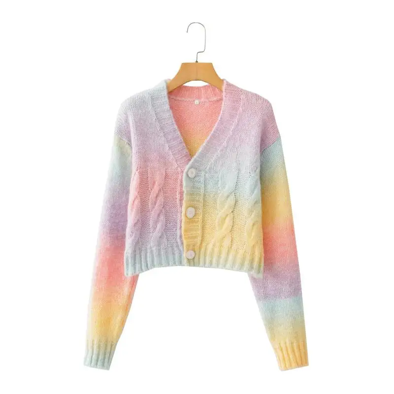 

Радужный вязаный кардиган в стиле Харадзюку, свитер, женский милый свитер на пуговицах с длинным рукавом, Осень-зима 2021