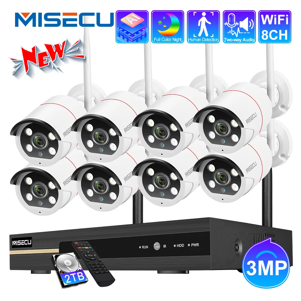 Беспроводная система видеонаблюдения MISECU H.265 8 каналов NVR 3 Мп Wi-Fi Ai-камера