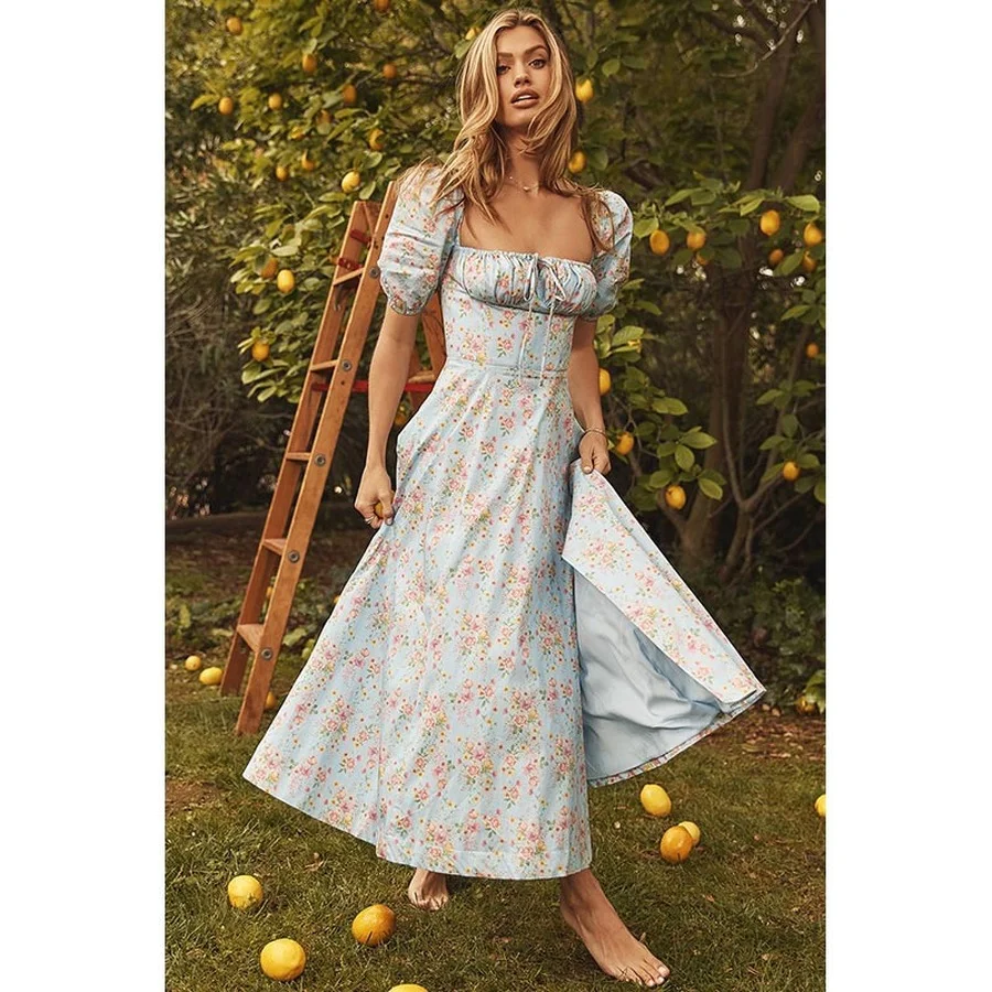 

BoozRey Y2k Clothes Dresses for Women 2021 Summer Princess Sleeve Short Sleeve Square Neck Waist Floral Dress Female Mid-length