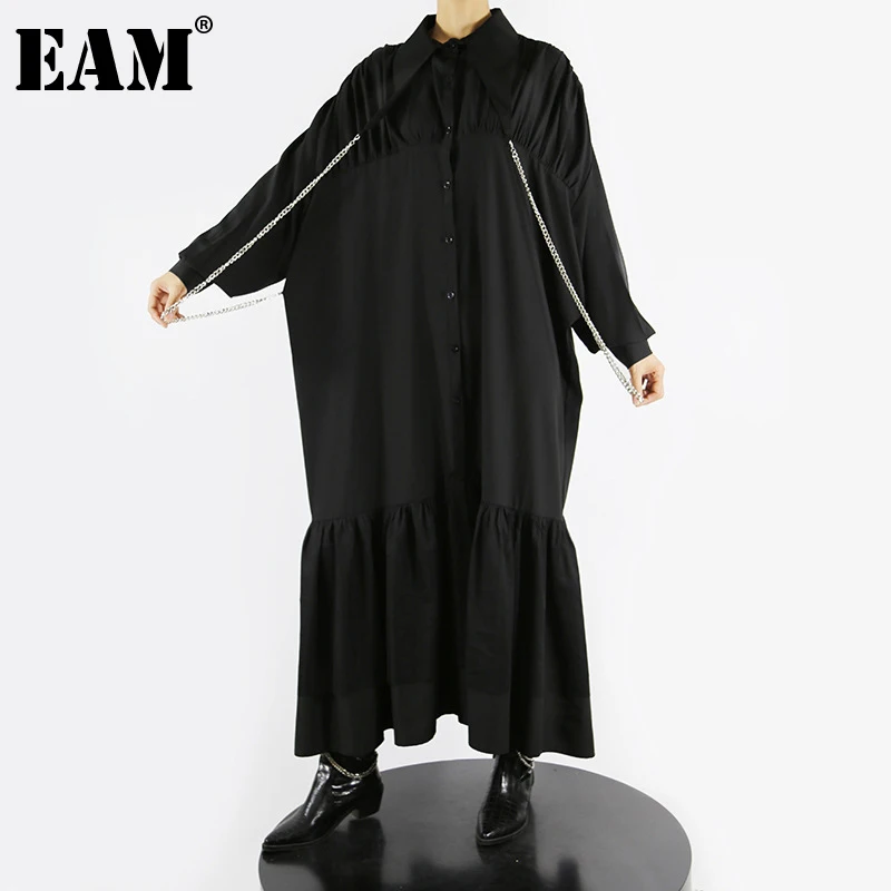 

[EAM] Women Black Chain Long Ruffles Big Size Shirt Dress New Lapel Long Sleeve Loose Fit Fashion Spring Autumn 2022 1DE5815