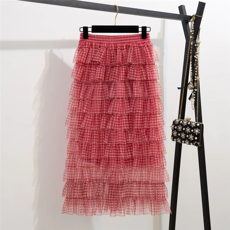 Пышная юбка-миди в Корейском стиле женская летняя клетчатая юбка с высокой
