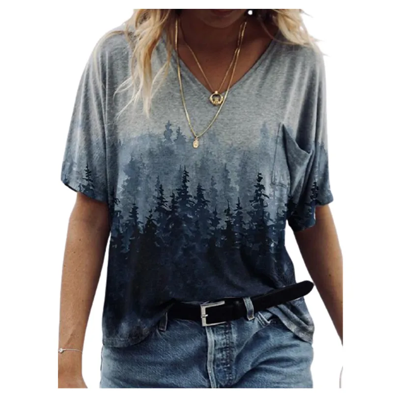 

Summer Women t Shirt Short Sleeve V-Neck Loose 2021 New Fashion Female Tops Landscape Print Top Elegant Ladies T-Shirt