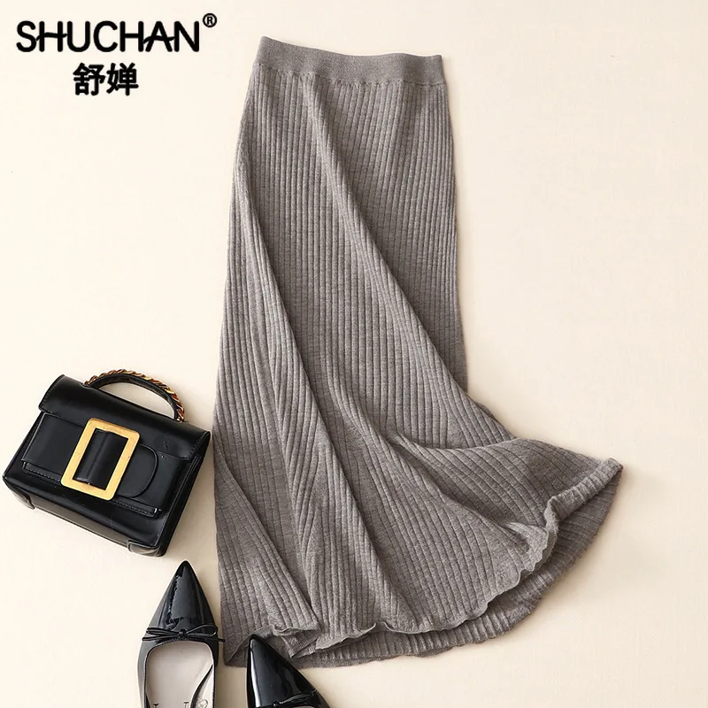 Женская кашемировая юбка Shuchan однотонная теплая облегающая средней длины с