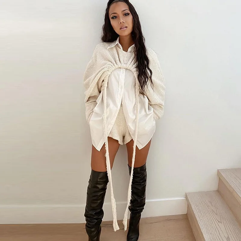

Autumn Women's Two-piece Suit 2021 New Ladies Fashion Solid Color Long-sleeved Fleece Sweater Drawstring Shorts Suit Women