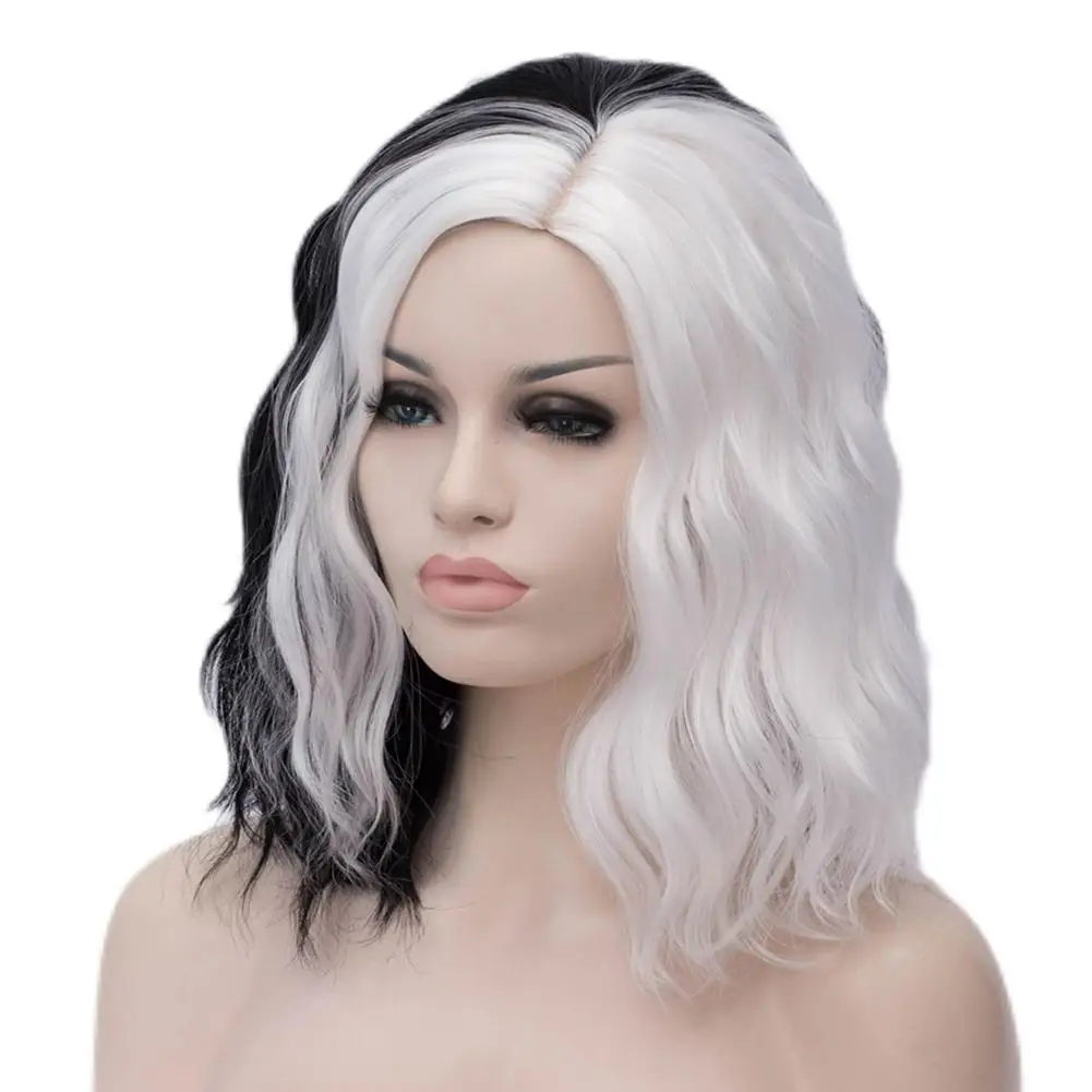 

Short Black And White Wig Cruella Wig With Curly Bangs Wavy Lolita Bob Cosplay Halloween Christmas Party Wigs 2021 For Women & G